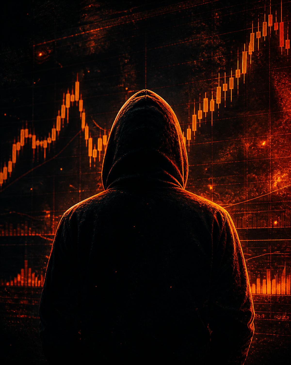 Silhouette of a hooded trader watching glowing candlestick charts